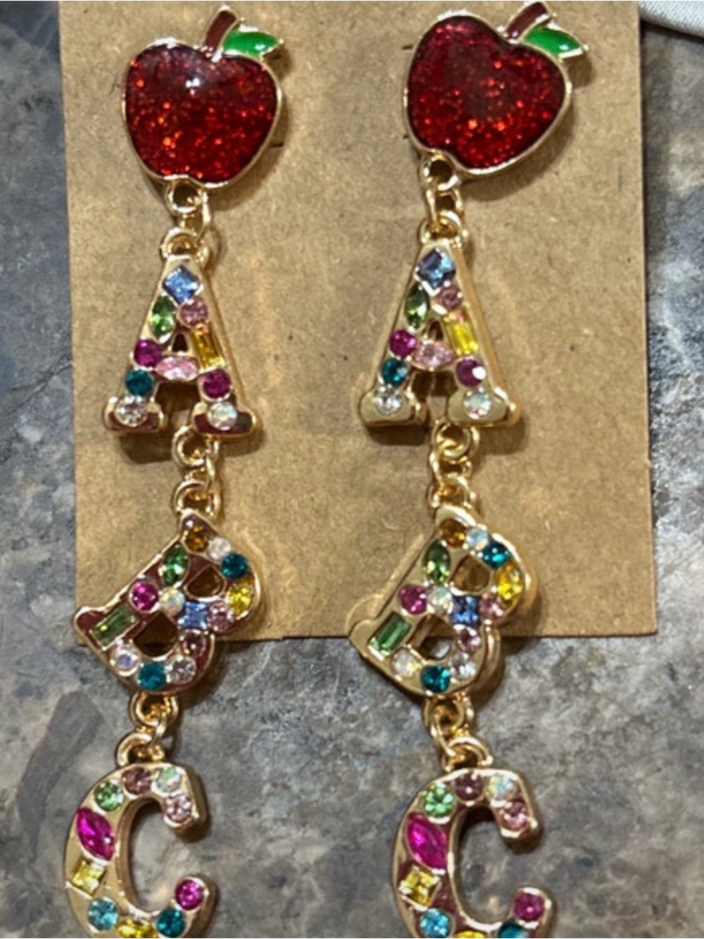 Gold-Tone Red Apple & Multicolor ABC Dangle Earrings - Women Jewelry